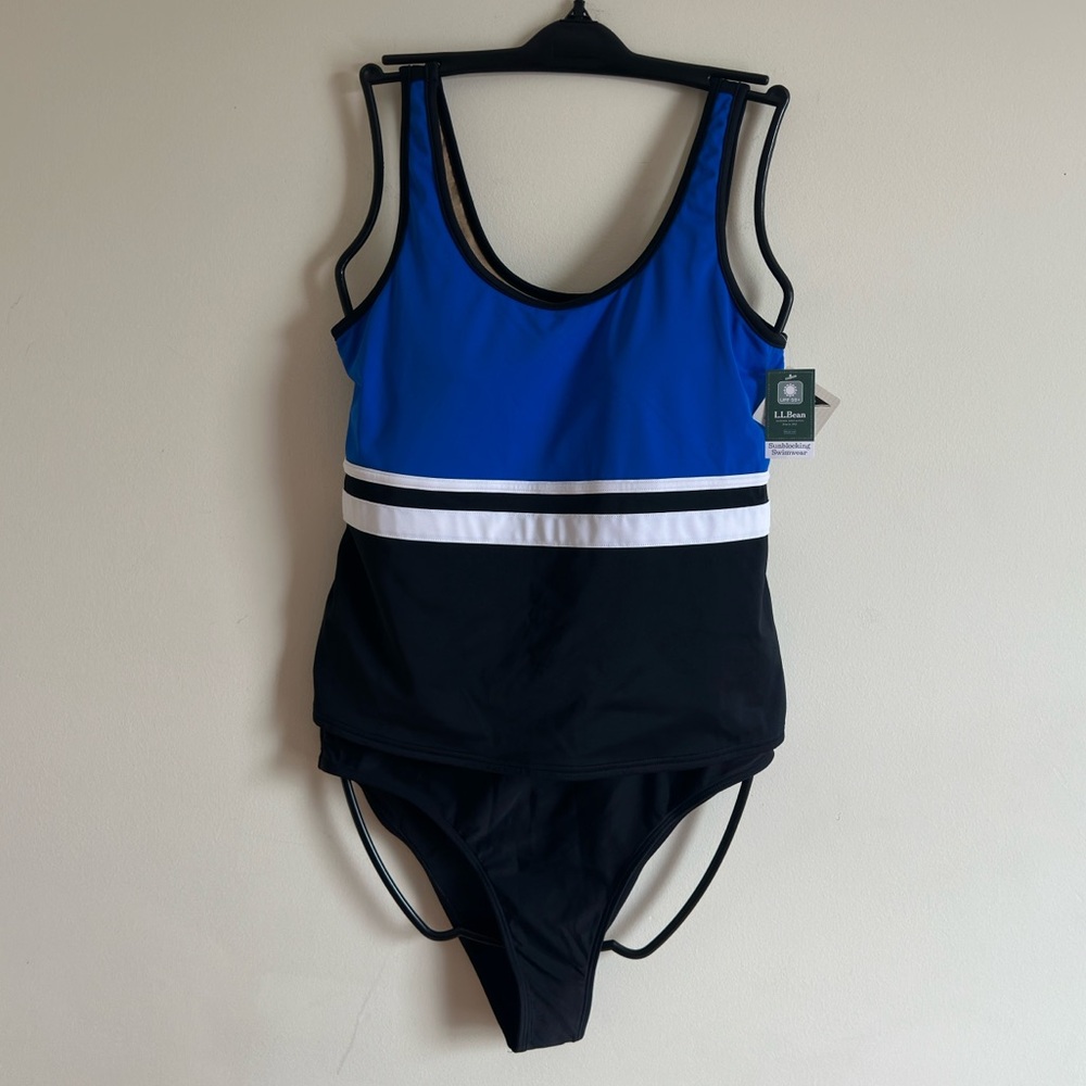 L.L.Bean Blue Black Tankini Swimsuit 2 Piece UPF 50+ Size 10 Large NWT swim set